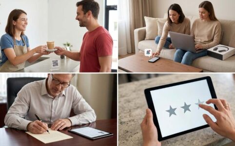 Business owner politely requesting customer feedback online
