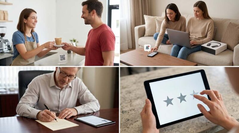 Business owner politely requesting customer feedback online