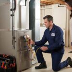 HVAC technician servicing residential air conditioning system