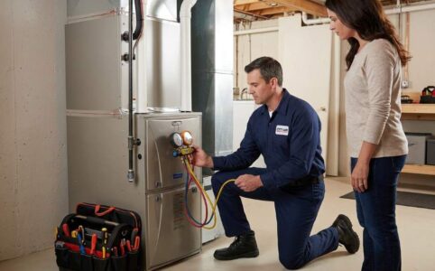 HVAC technician servicing residential air conditioning system