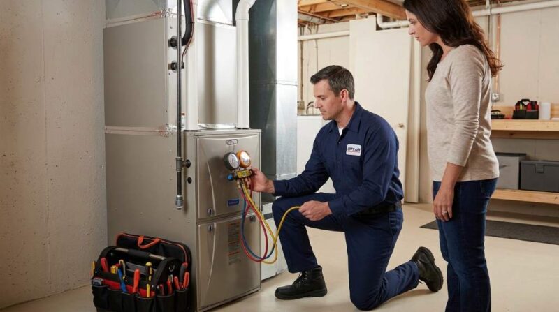 HVAC technician servicing residential air conditioning system