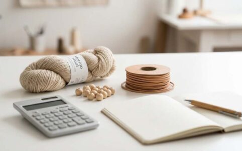 Handmade product pricing calculation worksheet on a desk