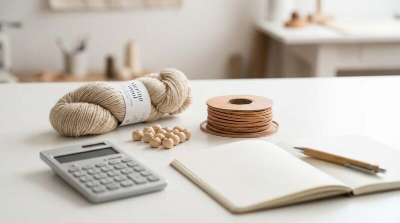Handmade product pricing calculation worksheet on a desk
