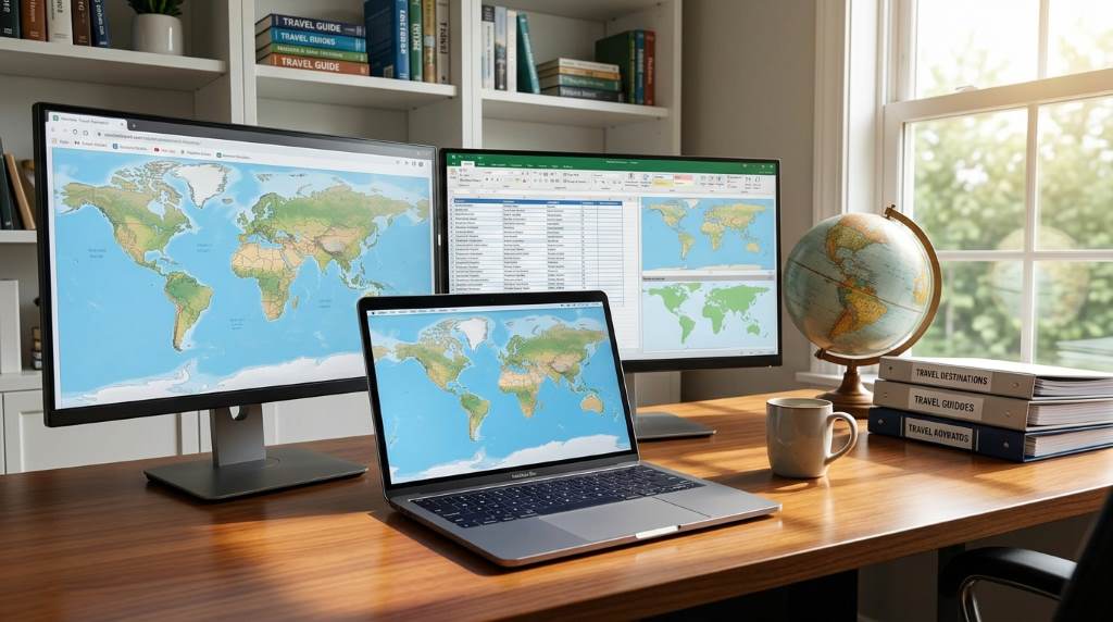 Remote travel planning workspace with maps and digital tools
