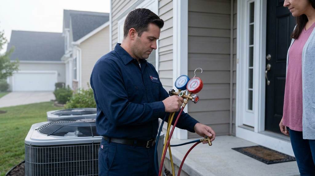 Technician inspecting commercial heating and air conditioning equipment