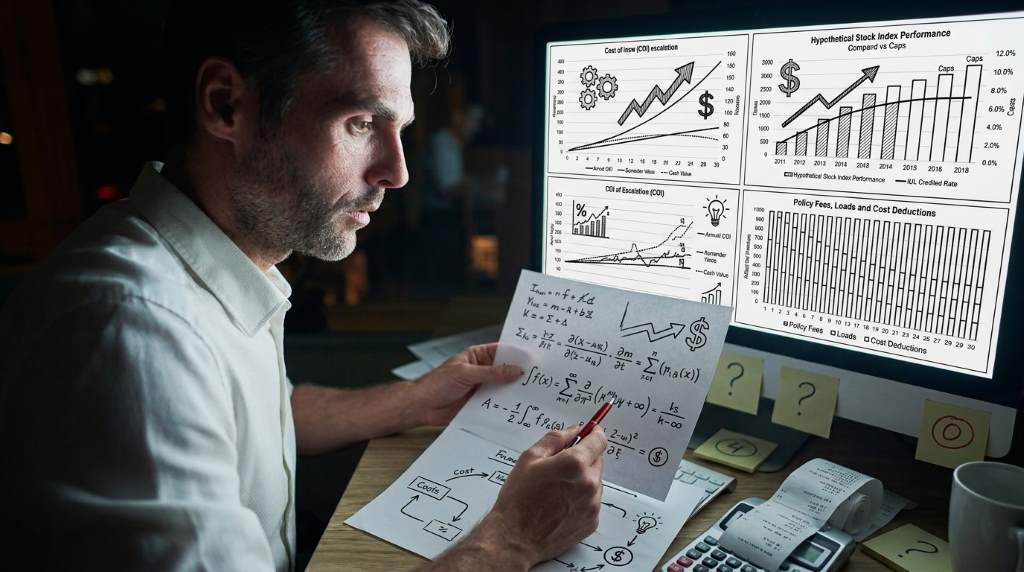 American investor reviewing life insurance policy documents