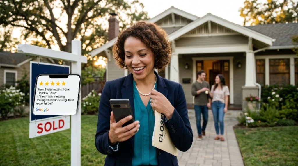 Real estate agent receiving five-star Google review on smartphone after closing