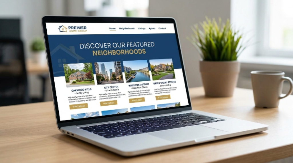 Top real estate agent website showing neighborhood landing page on laptop screen