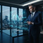 A businessman analyzing real-time tech trend data on futuristic digital displays.