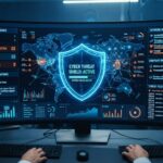 A high-tech digital security dashboard showing a glowing shield over network data streams.