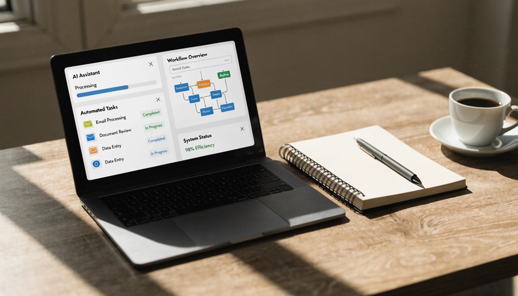 Laptop displaying automated workflow software on a modern office desk.
