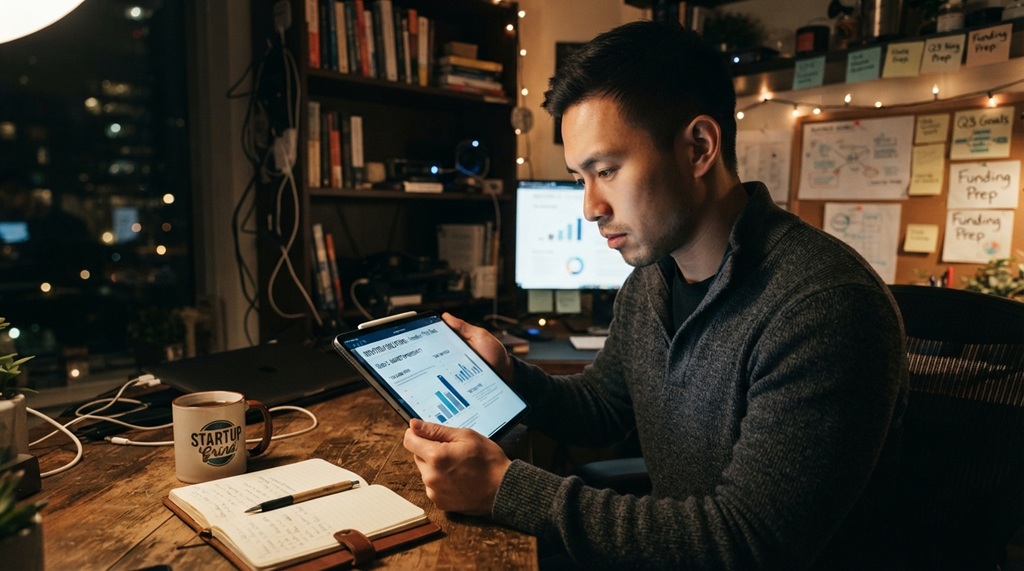 A male investor reviewing a tech startup pitch deck on a digital tablet.