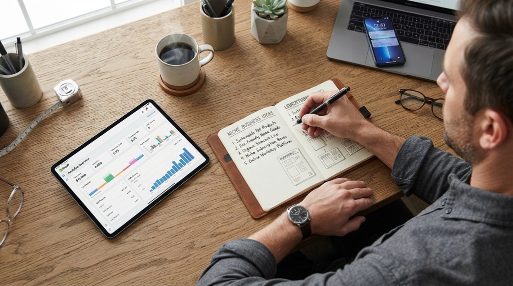 A man taking notes beside a tablet displaying e-commerce market data.