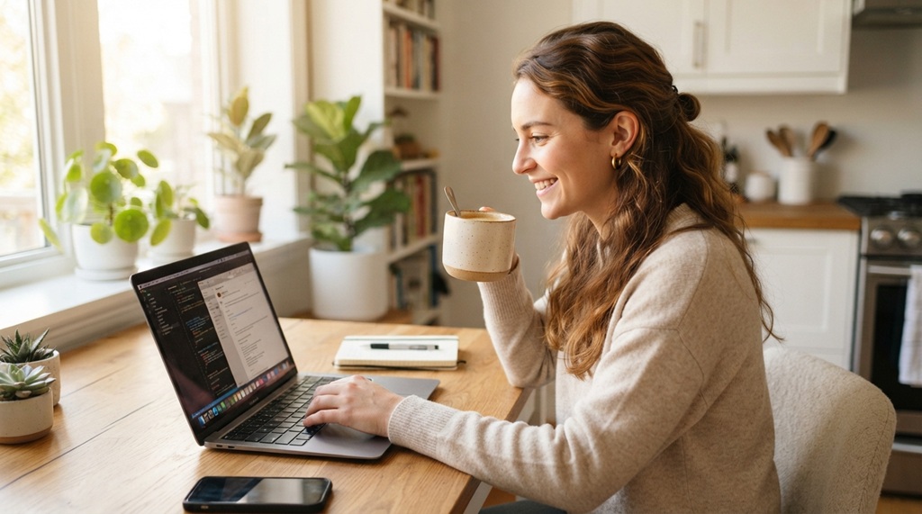 A person typing on a laptop at a bright desk with a mug of coffee.