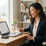 A woman reviewing a well-formatted CV on her laptop at a desk.