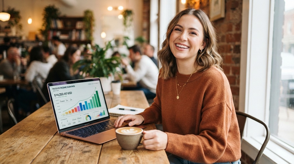 Woman working on laptop at sunny cafe analyzing passive income growth statistics.