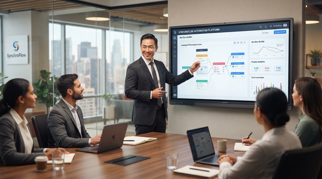 A businessman pointing at interactive data charts during a workplace presentation.