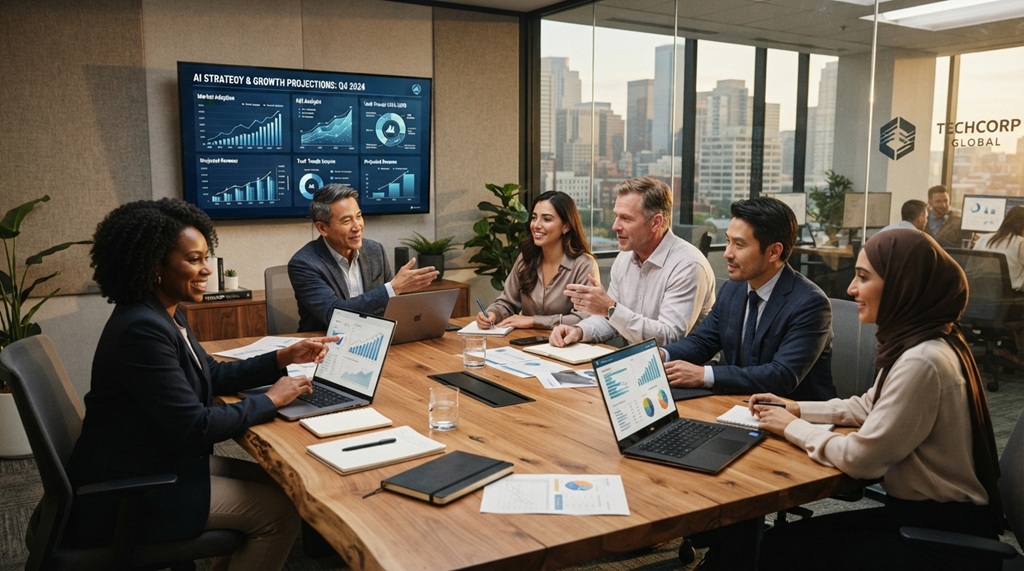 Diverse business team working around a table reviewing technology trend growth charts.