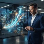 A businessman interacting with a glowing holographic growth chart in a modern office.