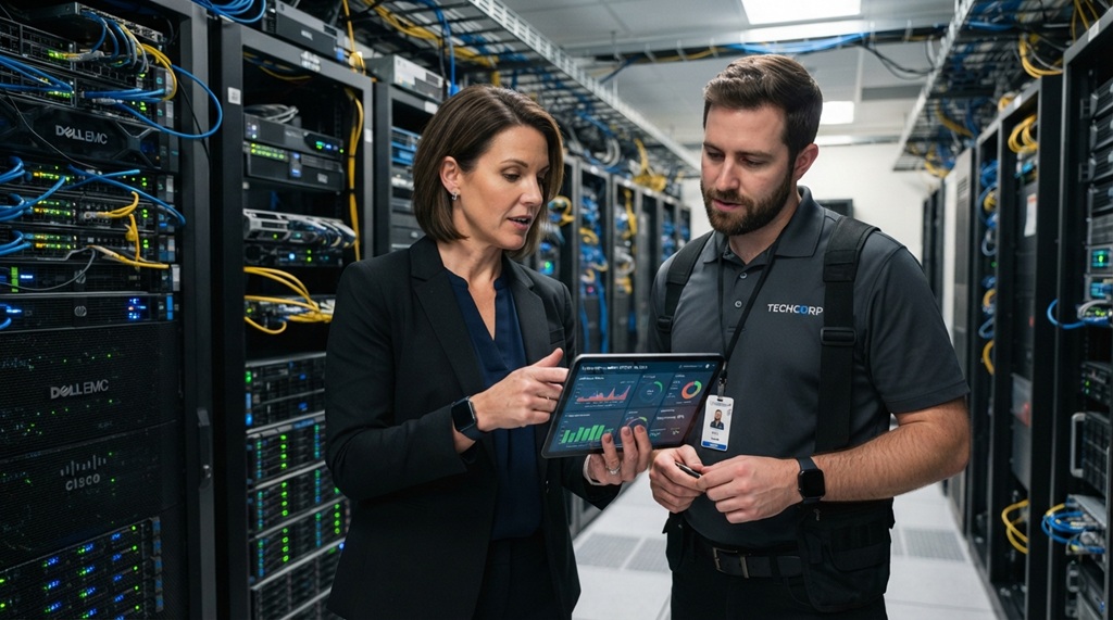 A female IT manager collaborating with a colleague in front of server racks.