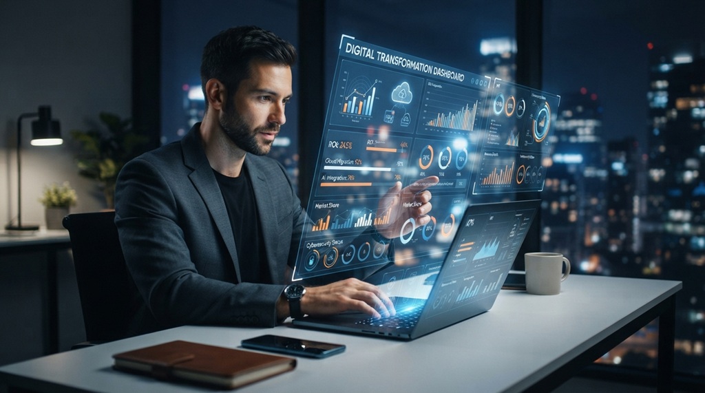 A male entrepreneur working on a laptop displaying modern digital transformation tools.