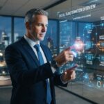 A man analyzing a digital transformation dashboard in a modern office.