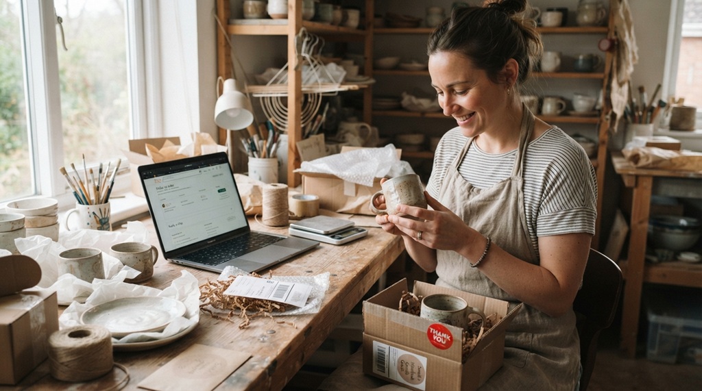 Entrepreneur packing handmade goods next to laptop displaying store dashboard.