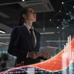 Business professional analyzing rising growth charts on a holographic AI dashboard.
