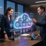 IT professionals analyzing cloud infrastructure migration data on a modern office dashboard.