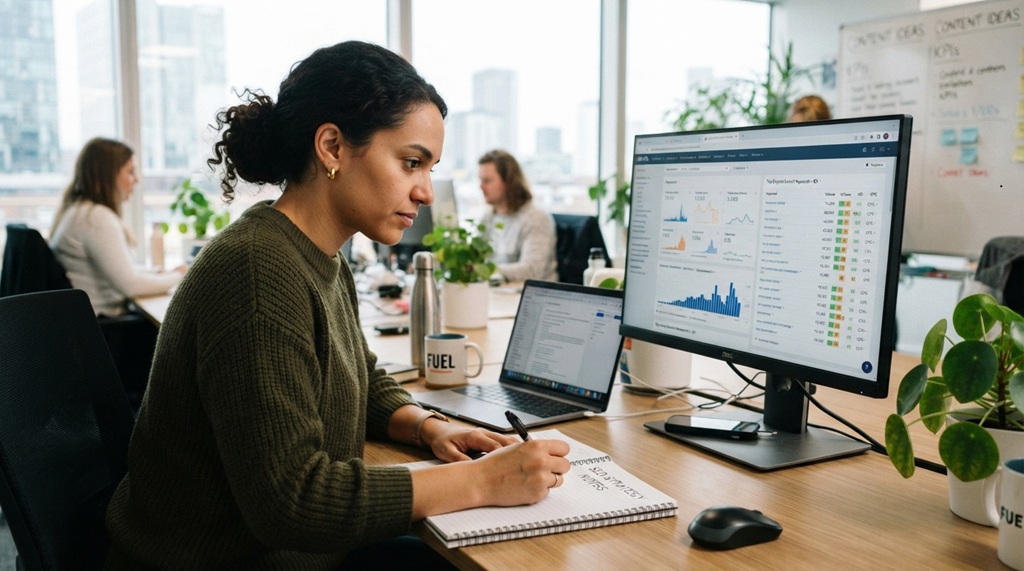 Female SEO strategist reviewing search volume keywords on a desktop screen.