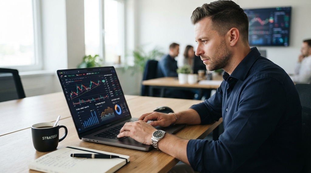 A man typing on a laptop analyzing tech market data at his desk.