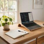 Minimalist desk setup with a laptop open next to a green plant and notebook.