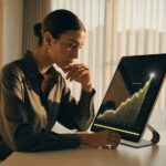 Person reviewing stock growth chart on tablet in modern office.