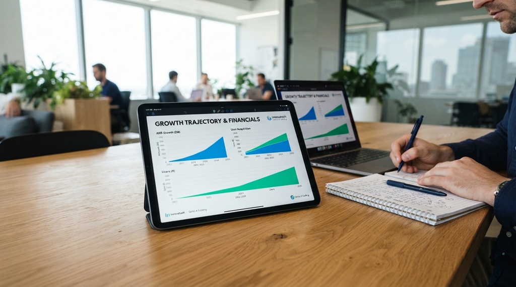 Tablet showing startup financial growth chart next to notebook on office table.