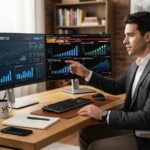 A man analyzing tech startup financial growth charts on a dual monitor.