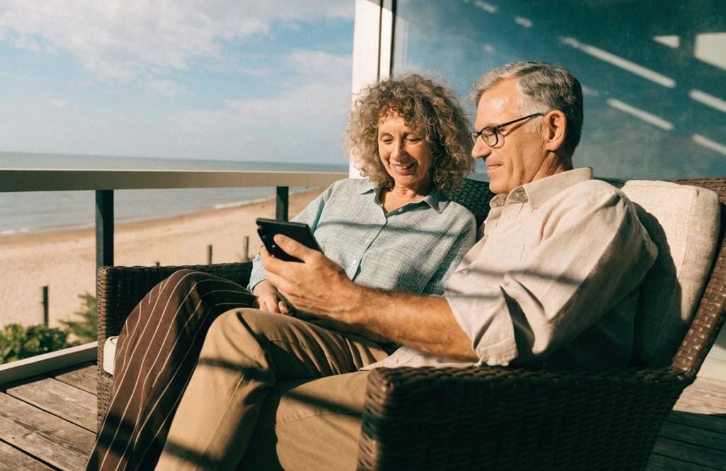 Couple sitting on oceanfront balcony relaxing with digital tablet.