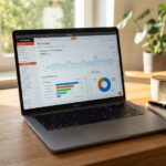 Open laptop displaying keyword research analytics graphs on a wooden desk.