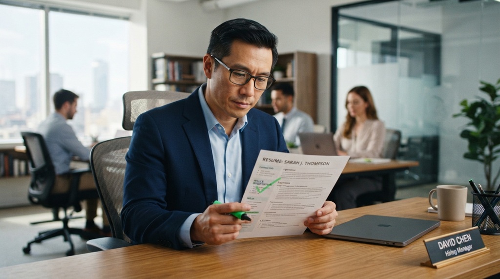 A hiring manager reviewing a resume at a wooden office table.