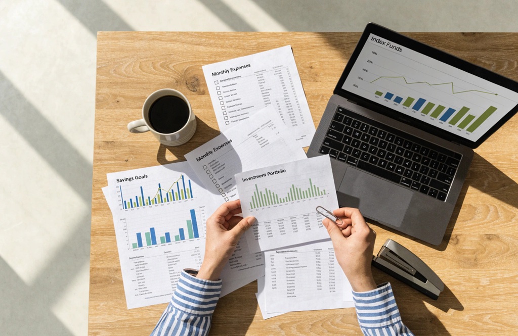 Hands organizing financial planning documents near laptop showing index funds.