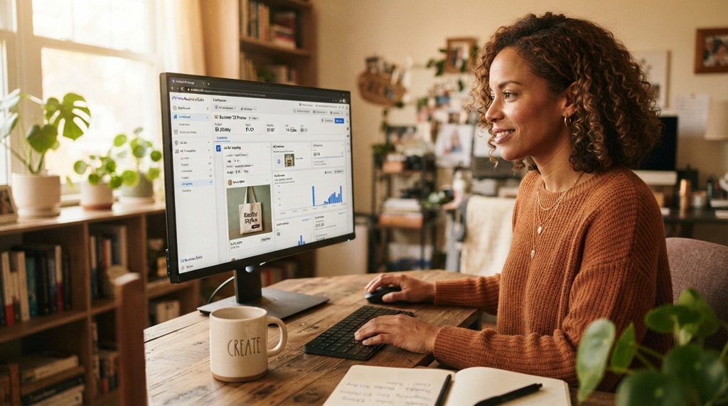 A woman working on a budget-friendly Facebook campaign strategy.