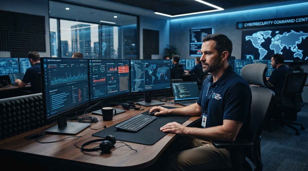 A male analyst at a workstation monitoring real-time cybersecurity analytics on multiple screens.