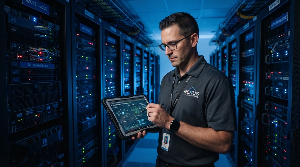 A male engineer holding a tablet while configuring secure enterprise cloud server infrastructure.