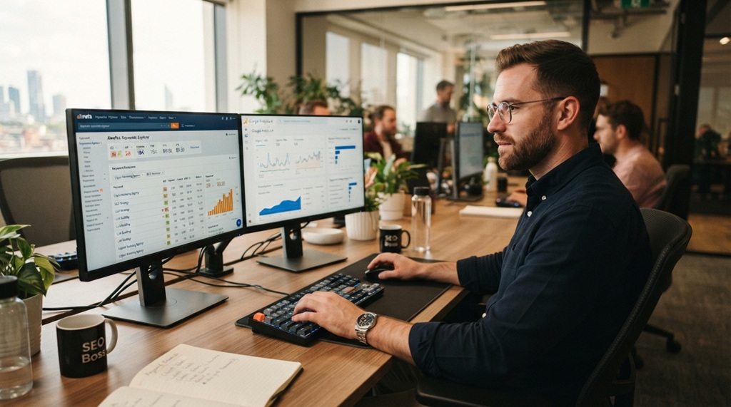 Male marketer analyzing SEO keyword data on dual computer monitors.