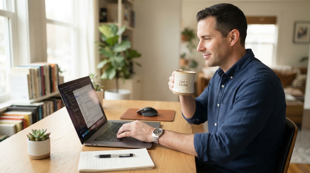 A man typing thoughtfully on a laptop at a bright desk with coffee.