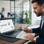 Male professional analyzing a business cash flow dashboard on a laptop at his desk.