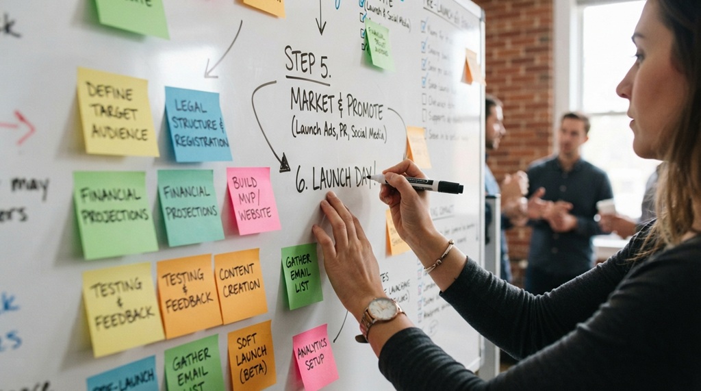 Person writing digital business launch steps on a whiteboard with sticky notes.