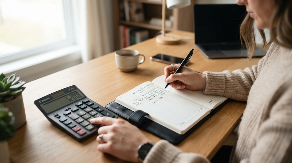 Person calculating expenses and organizing monthly budget numbers in a paper planner.