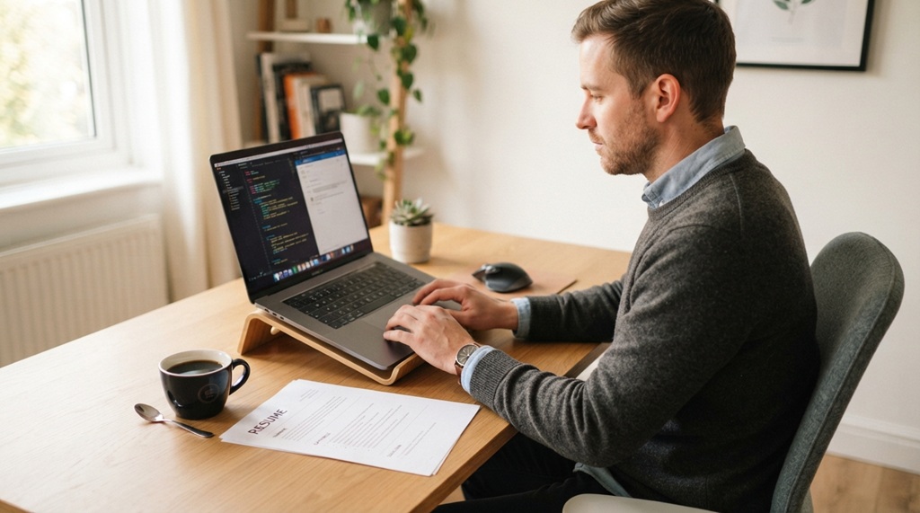 A man typing on a laptop with a printed resume on his desk.