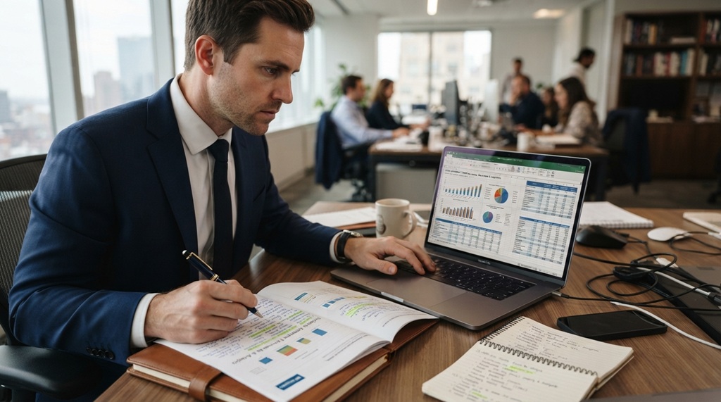 Businessman analyzing salary benchmark data and charts on laptop screen.