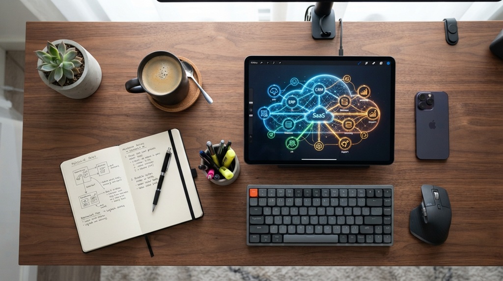 A tablet on an organized desk displaying interconnected cloud software icons beside a coffee cup.
